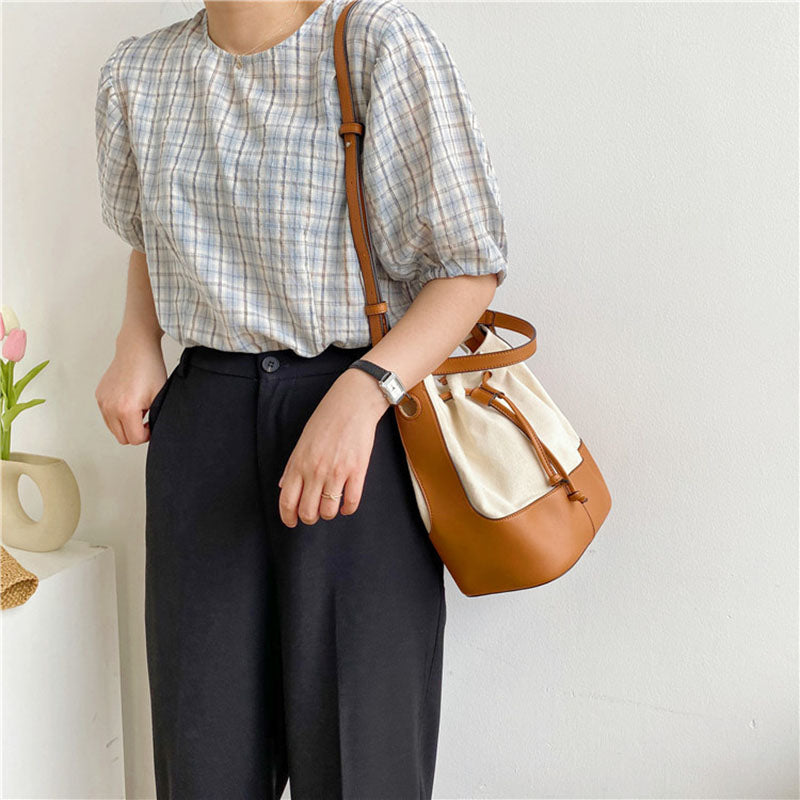 IELGY Korean version Diagonal Portable Fashion Bucket Canvas Women's bag One-shoulder All-match Stitching
