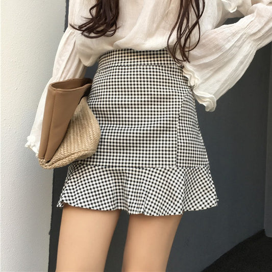 IELGY Women's fresh plaid bag hip A short skirt