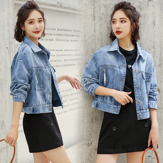 IELGY fashion denim jacket female port style short denim jacket loose bf all-match top