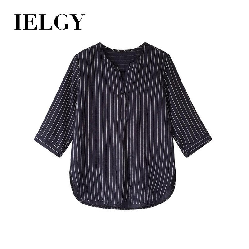 IELGY Leaked clavicle striped cropped sleeve top Han Fan student ins super fire shirt autumn