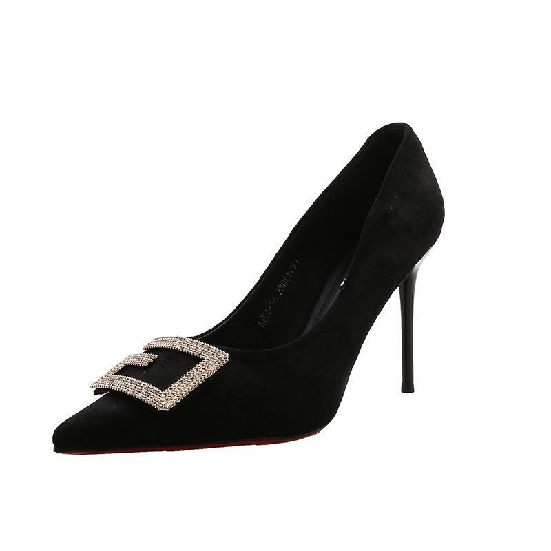 IELGY Fashion High Heels Female Niche Rhinestone Square Buckle Pointed Toe