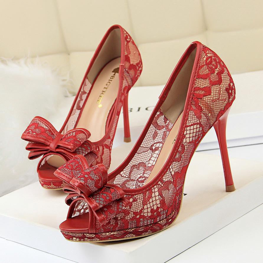 IELGY Fishtail High Heels Sexy Lace 9.5cm Stiletto Shallow Hollow Hollow Mesh Bow Women's Shoes