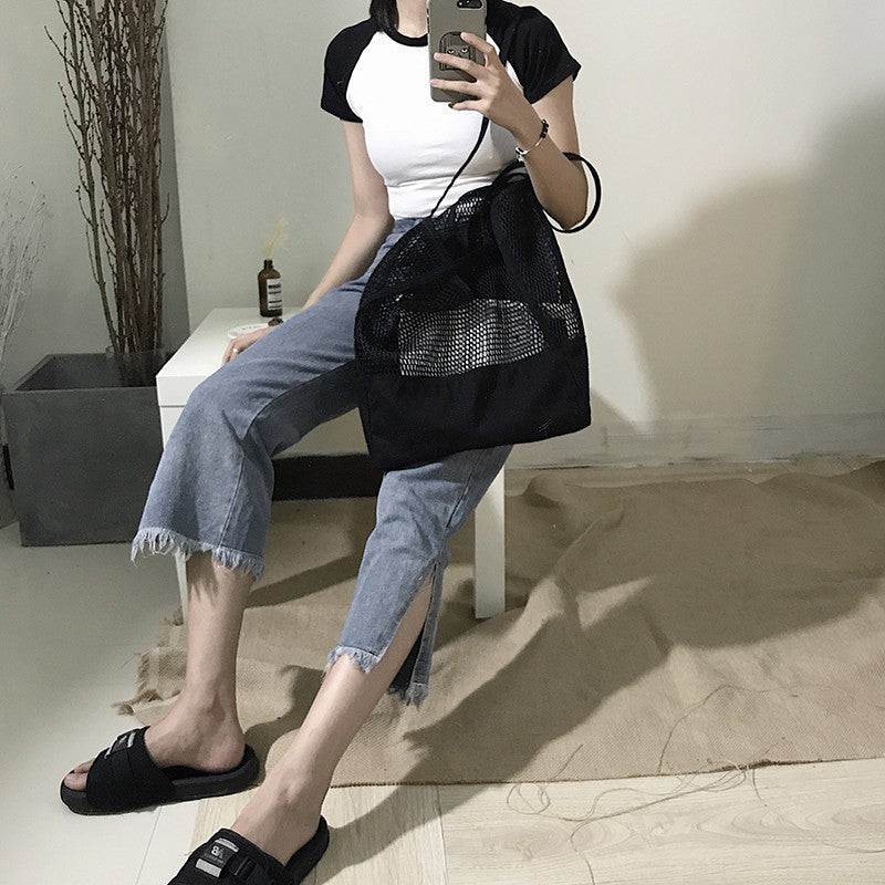 Grid handbag shopping bag hollow beach bag canvas net bag