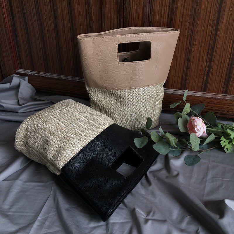 Straw bag hit color stitching handbag