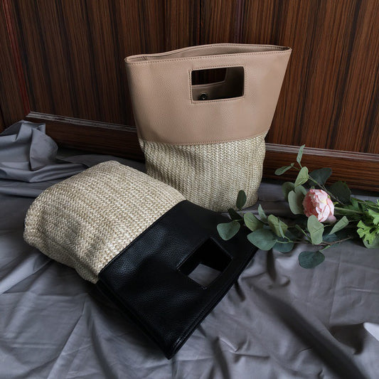 Straw bag hit color stitching handbag