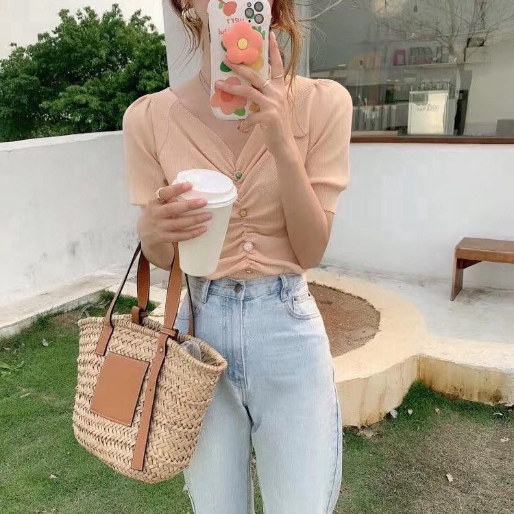 IELGY Retro V-neck knitted waist puff sleeve short top