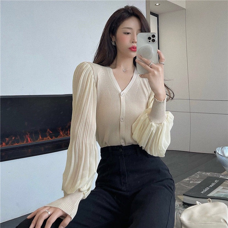 IELGY Fashion Chiffon Long Sleeve Knit Cardigan Korean Version Solid Color V-neck Slim