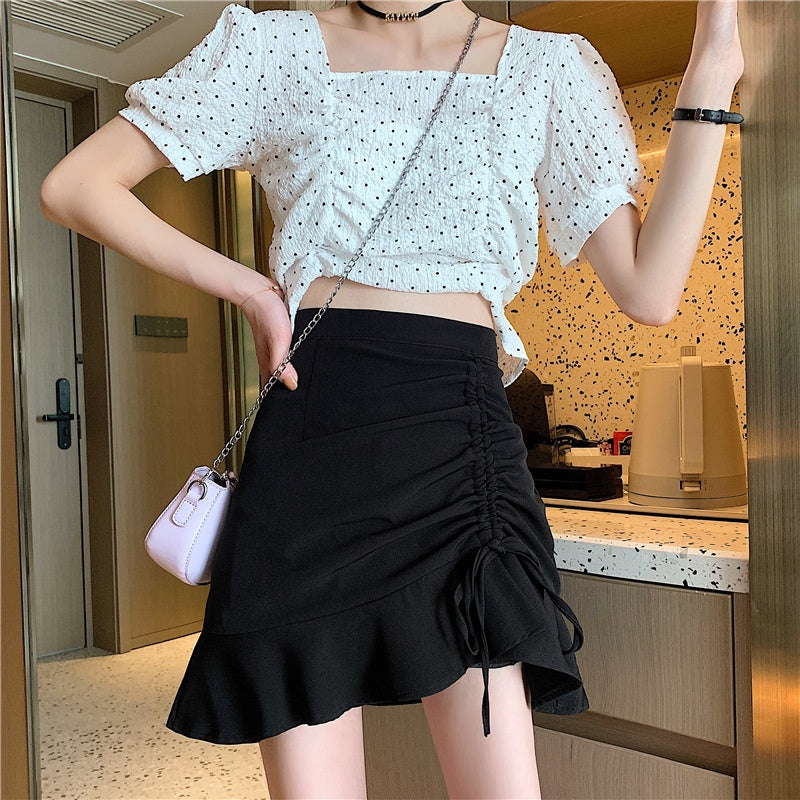 IELGY black short skirt summer high waist retro skirt design niche A-line thin skirt