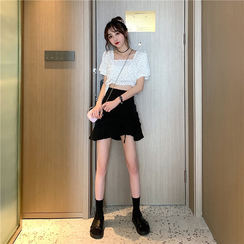 IELGY black short skirt summer high waist retro skirt design niche A-line thin skirt