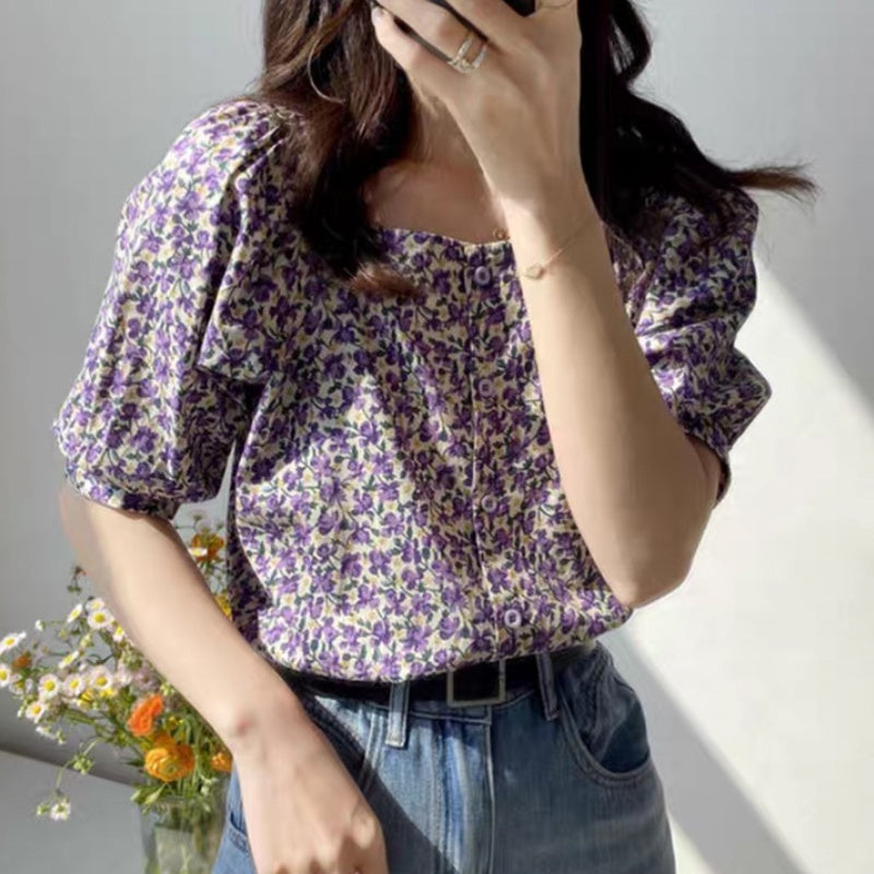 IELGY foreign style chiffon retro one-word collar floral summer design sense foreign style fashion short-sleeved shirt