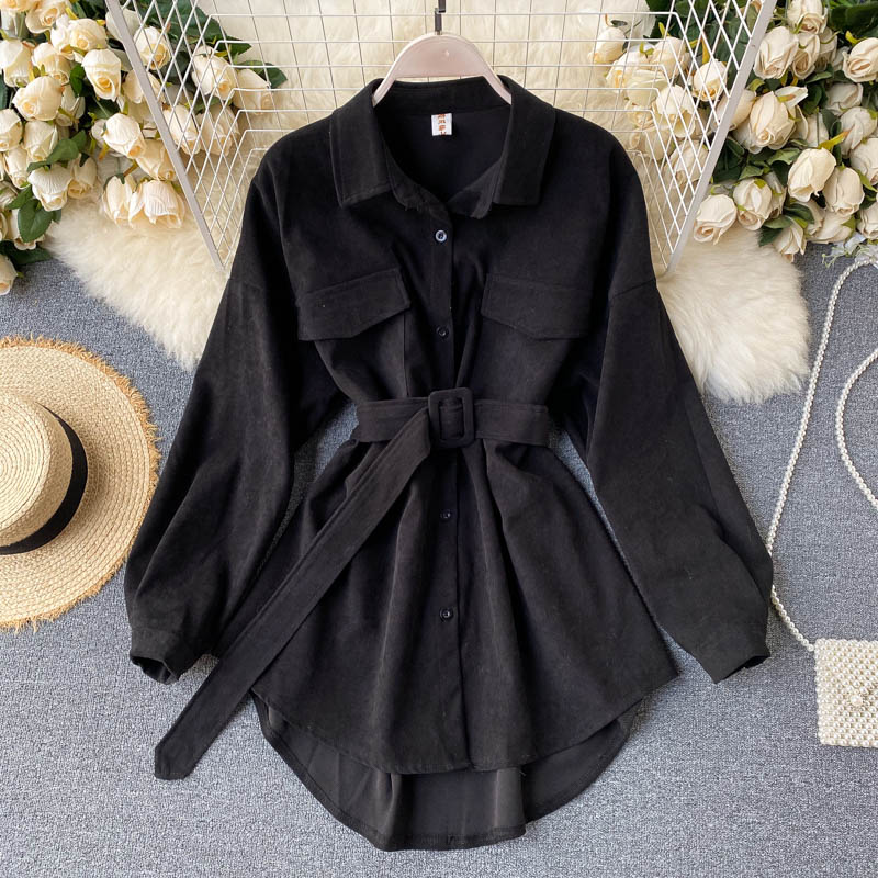 IELGY Women's clothes big pockets all-match V-neck tooling ties retro fashion shirts long sleeves