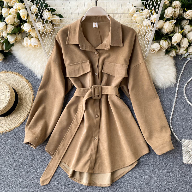 IELGY Women's clothes big pockets all-match V-neck tooling ties retro fashion shirts long sleeves