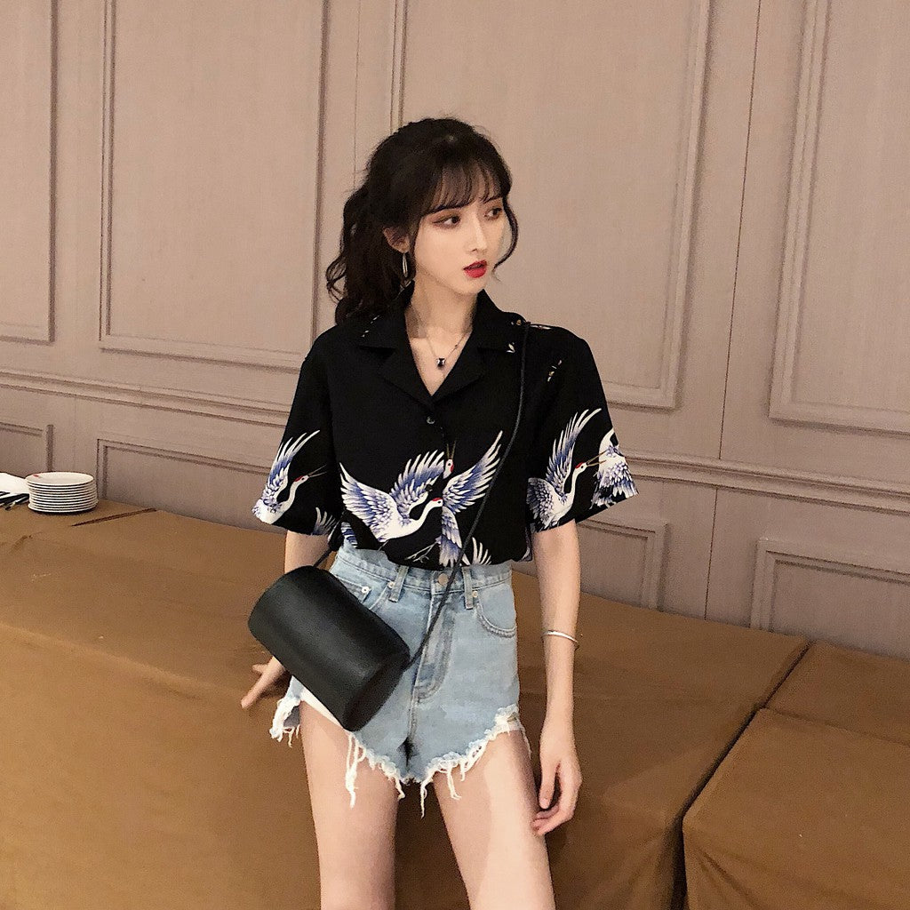 IELGY Retro wild loose printed short-sleeved shirt women summer V-neck temperament tops women 2 colors