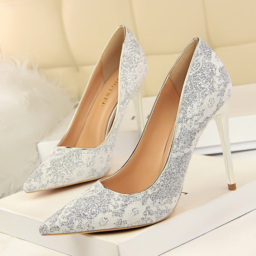IELGY Party high heel women's shoes sexy 10cm stiletto shallow lace pointed wedding shoes
