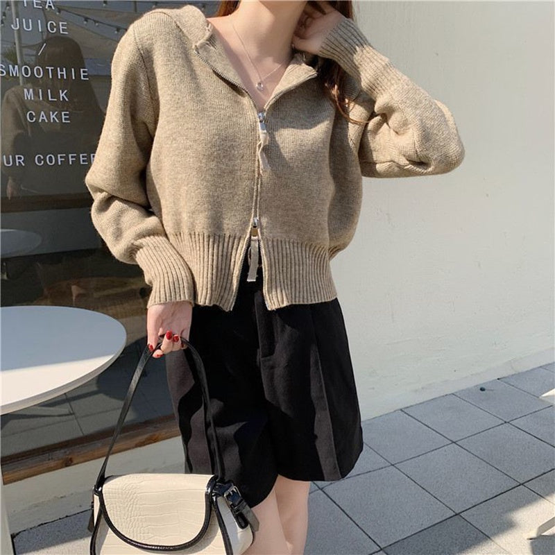 IELGY fashion design hooded double zipper short knitted sweater cardigan