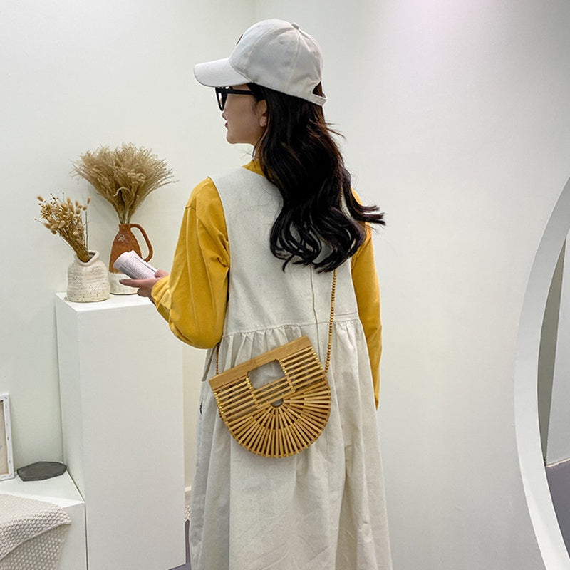 IELGY Hollow Fashion Messenger Bag Women's Bamboo Half Round Beach