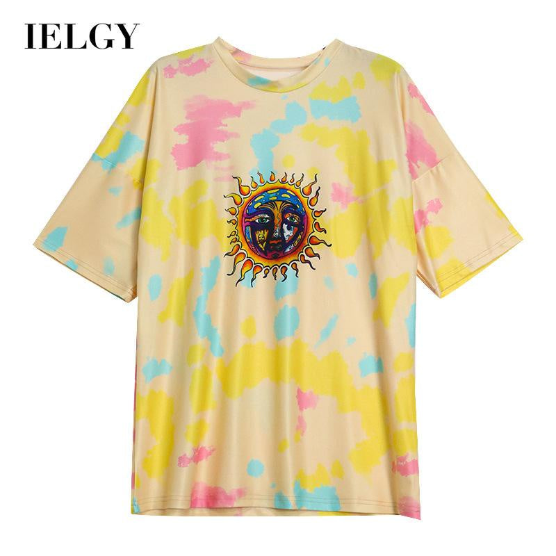 IELGY summer new women's casual short-sleeved sun print fashion loose slim slimming pullover T-shirt
