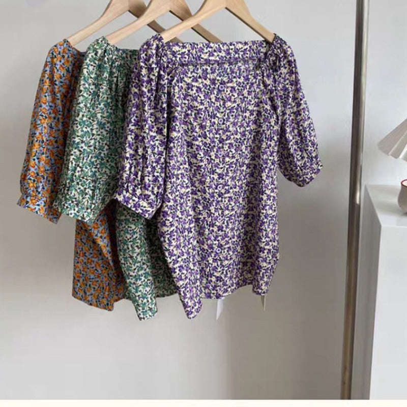 IELGY foreign style chiffon retro one-word collar floral summer design sense foreign style fashion short-sleeved shirt