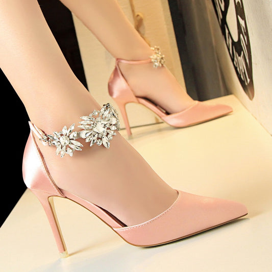 IELGY Women's high heels stiletto satin hollow shallow pointed rhinestone word with sandals