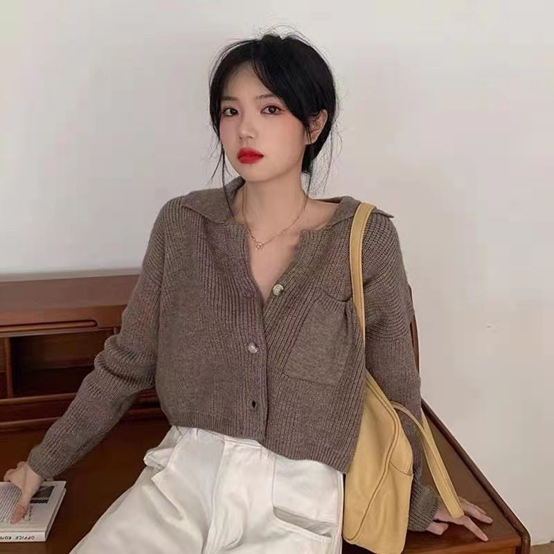 IELGY fashion Hong Kong style retro knitted sweater outer wear women's loose crop top