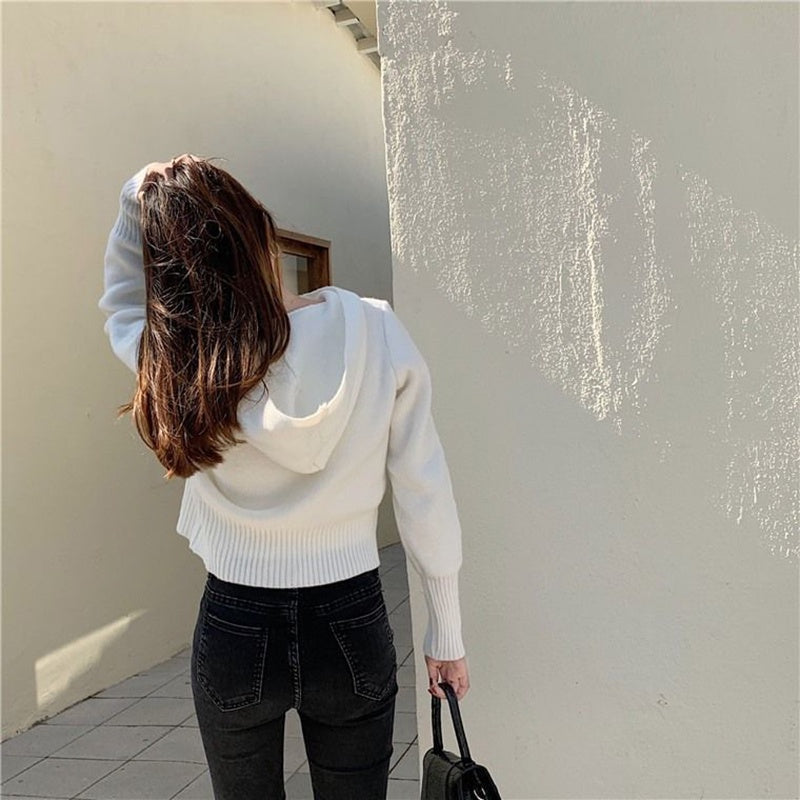 IELGY fashion design hooded double zipper short knitted sweater cardigan