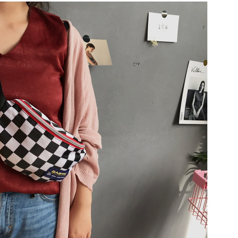 IELGY Black and white lattice fashion sports chest pockets small bag