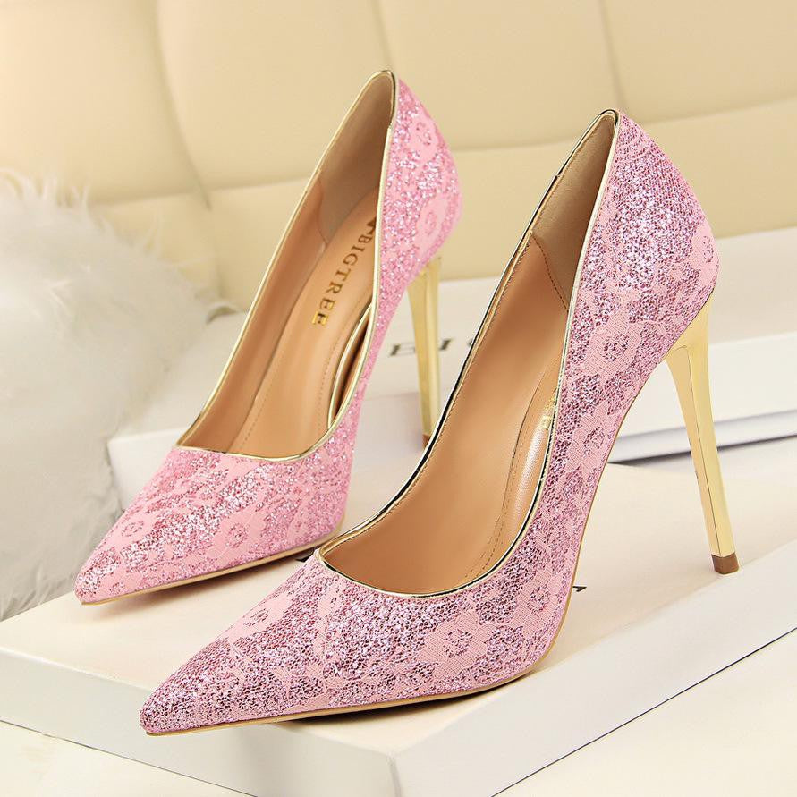 IELGY Party high heel women's shoes sexy 10cm stiletto shallow lace pointed wedding shoes
