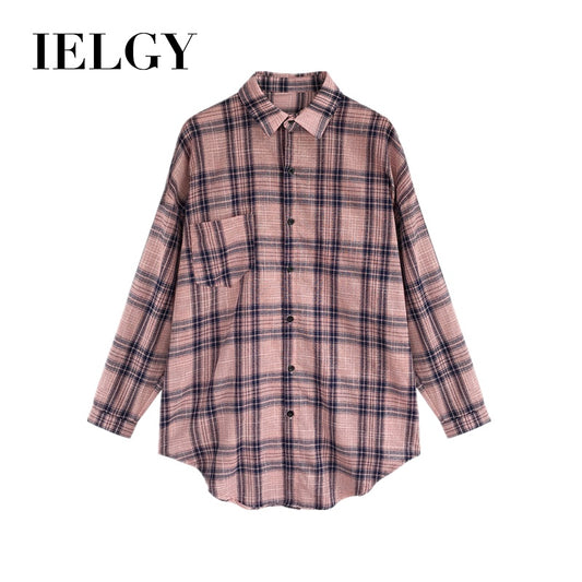 IELGY spring Korean style temperament long-sleeved plaid shirt women loose design blouse casual shirt