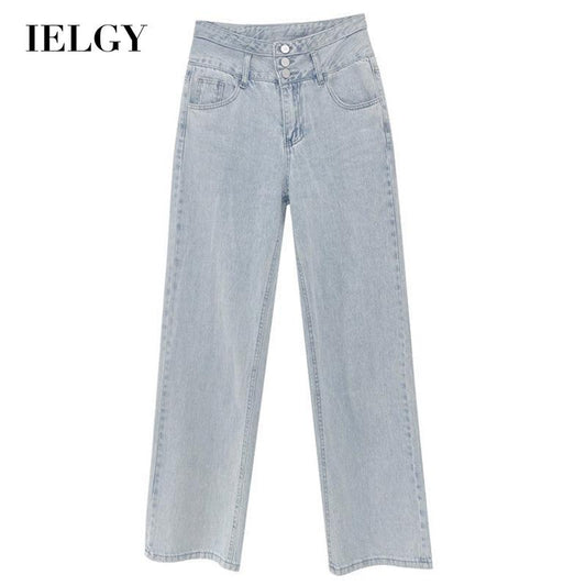 IELGY retro high-waist three-breasted straight jeans loose drape is thin and versatile