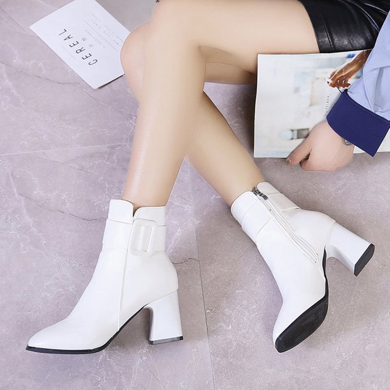 IELGY Fashion Women's Leather Boots PU Square Heel Round Toe Side Zipper Artificial Short Plush Short Tube