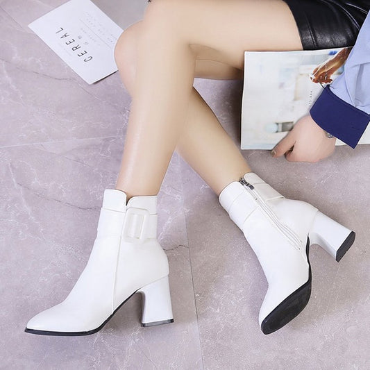 IELGY Fashion Women's Leather Boots PU Square Heel Round Toe Side Zipper Artificial Short Plush Short Tube