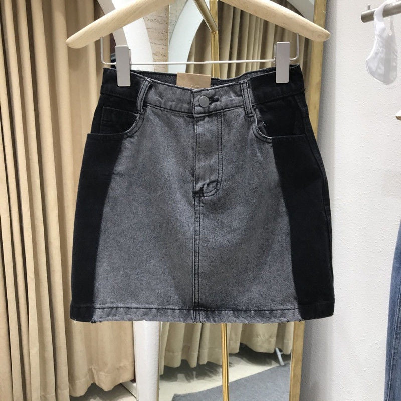 IELGY high-waist slim denim skirt versatile color contrast design