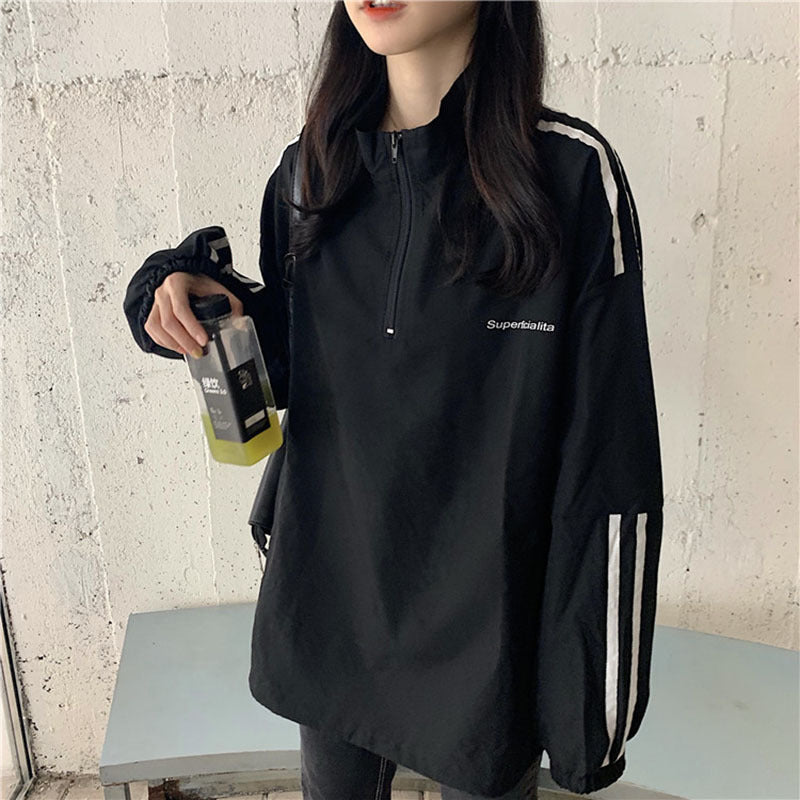 IELGY Women's clothes hoodies thin stripes all-match zippers tops fashion casual Korean