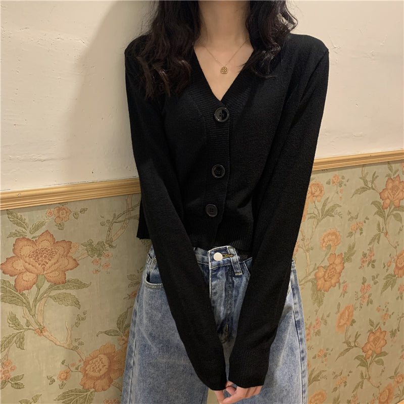 IELGY Women's clothes Jacket Simple Short Thin Knitted sweater Top Black V-neck Long-sleeved