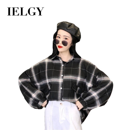 IELGY Korean Plaid Shirt Student Jacket Loose Lapel Long Sleeve Top