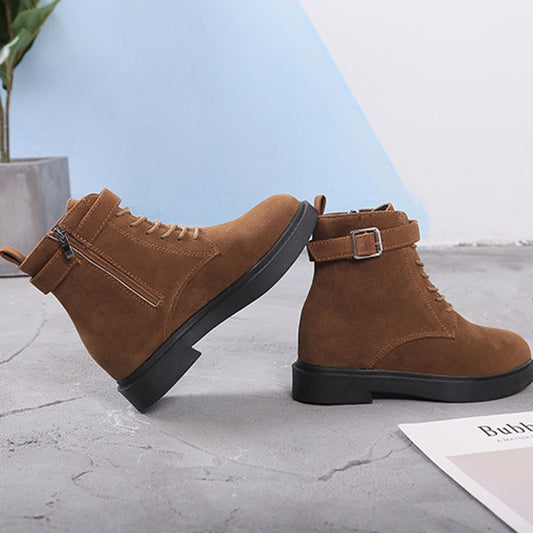 IELGY Fashion Belt Buckle Women's Boots Lace-up Flat Women Suede Korean Style