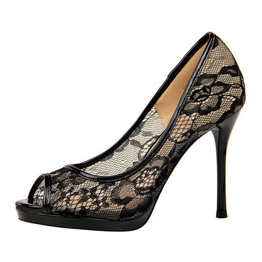 IELGY Fishbill High Heels Women's Shoes Sexy 9.5cm Stiletto Platform Mesh Hollow Lace