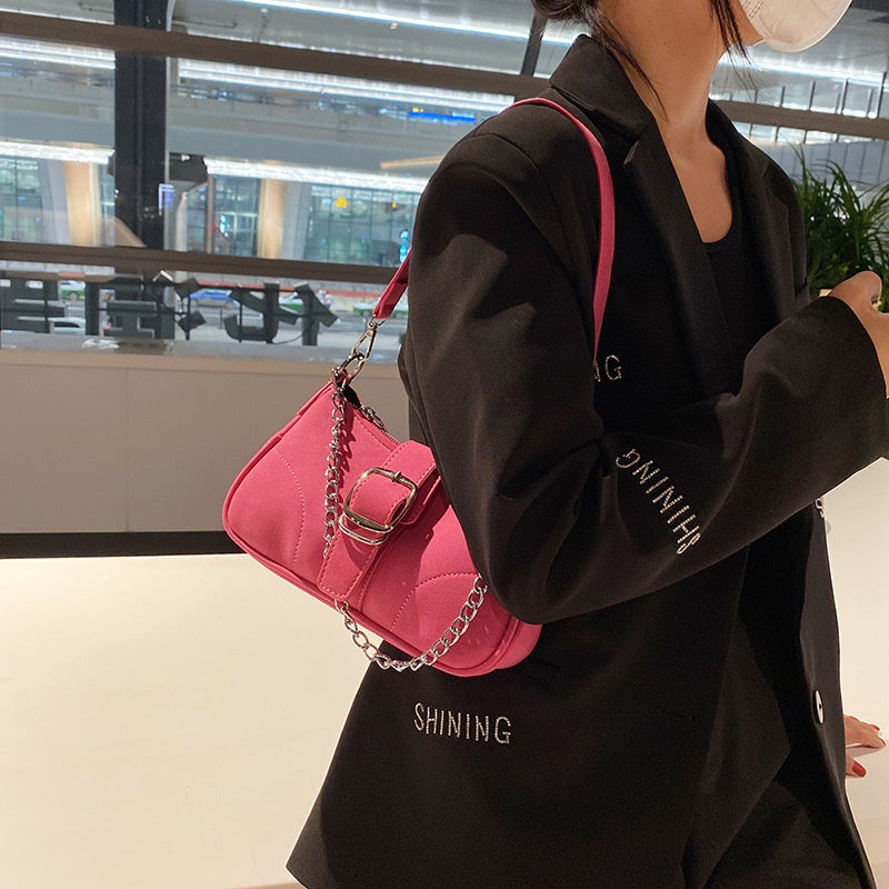 IELGY niche fashion solid color chain shoulder bag belt buckle decoration