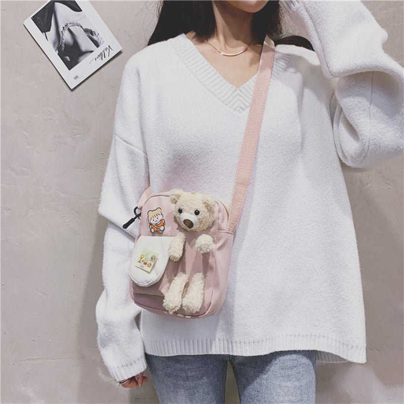 IELGY fashion bear cartoon style canvas messenger bag yellow Harajuku Korea cute Japanese