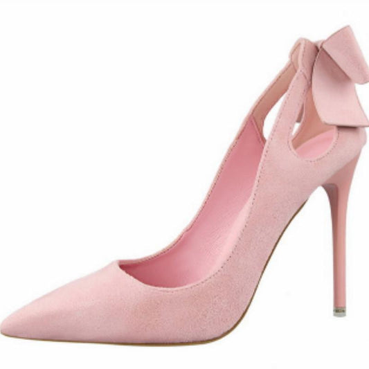 IELGY Suede High Heels Sweet 10.5cm Slim Heel Shallow Mouth Pierced Fashion Bow Women's Shoes
