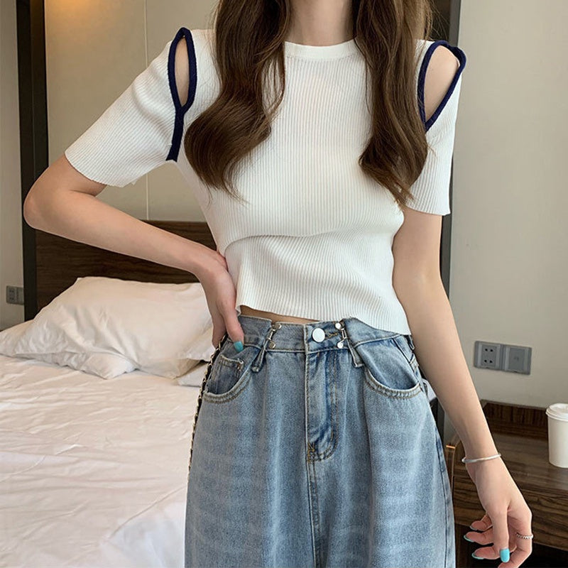 IELGY blue off-shoulder short-sleeved Korean style knitted bottoming fashion blouse women