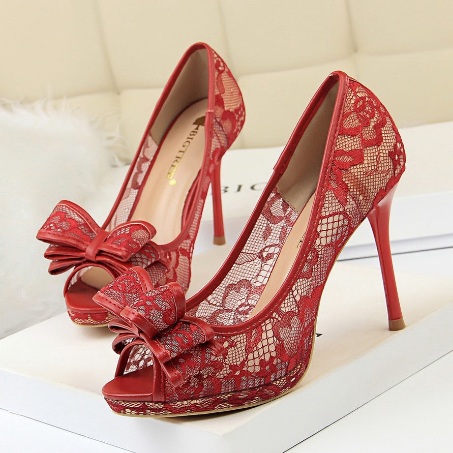 IELGY Fishtail High Heels Sexy Lace 9.5cm Stiletto Shallow Hollow Hollow Mesh Bow Women's Shoes