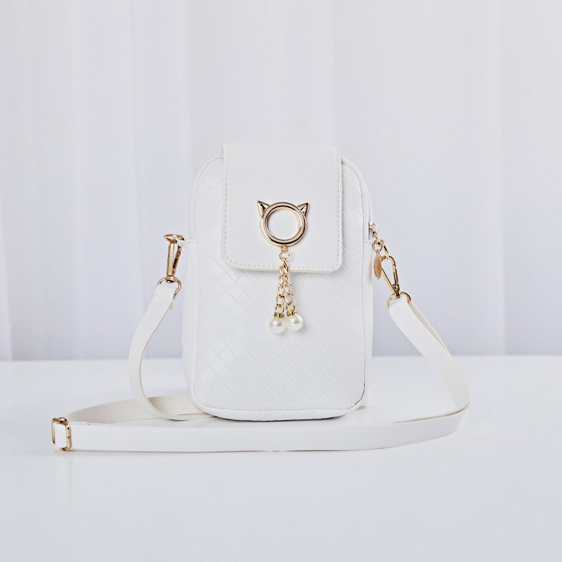 IELGY Cover type Tassel Mobile phone Woven Pearl Korean version Woman's bag Black One shoulder Diagonal