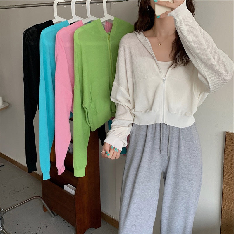 IELGY Fashion Hooded Sunscreen Zipper Breathable Thin Top Women Knitted Cardigan Long Sleeve