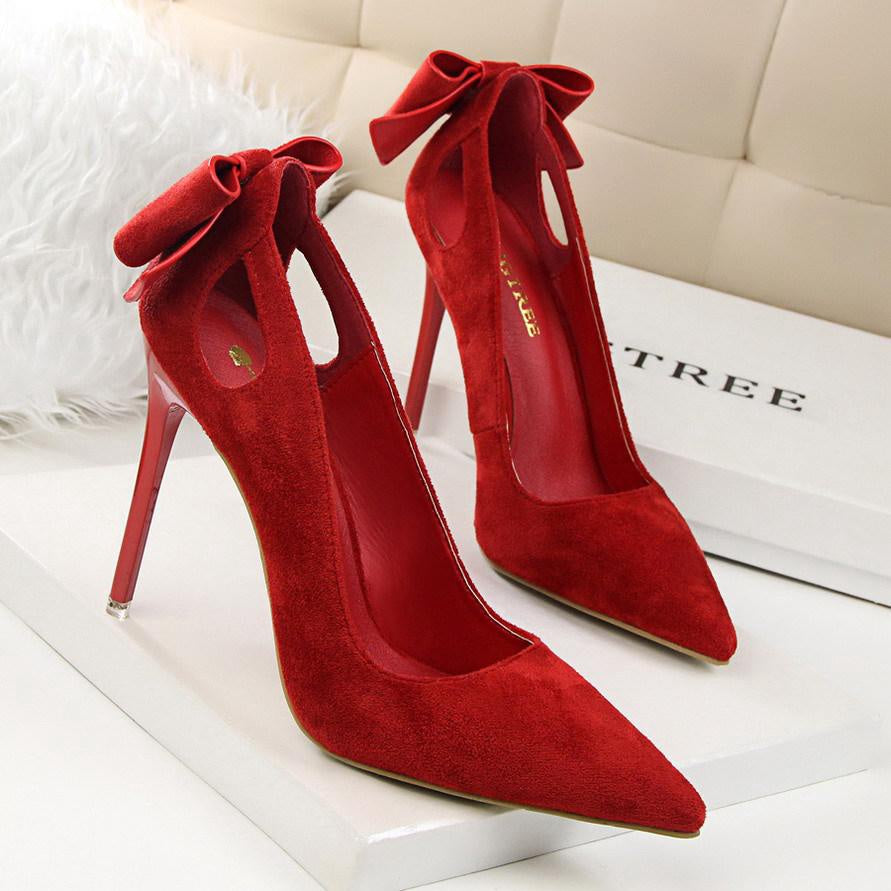 IELGY Suede High Heels Sweet 10.5cm Slim Heel Shallow Mouth Pierced Fashion Bow Women's Shoes
