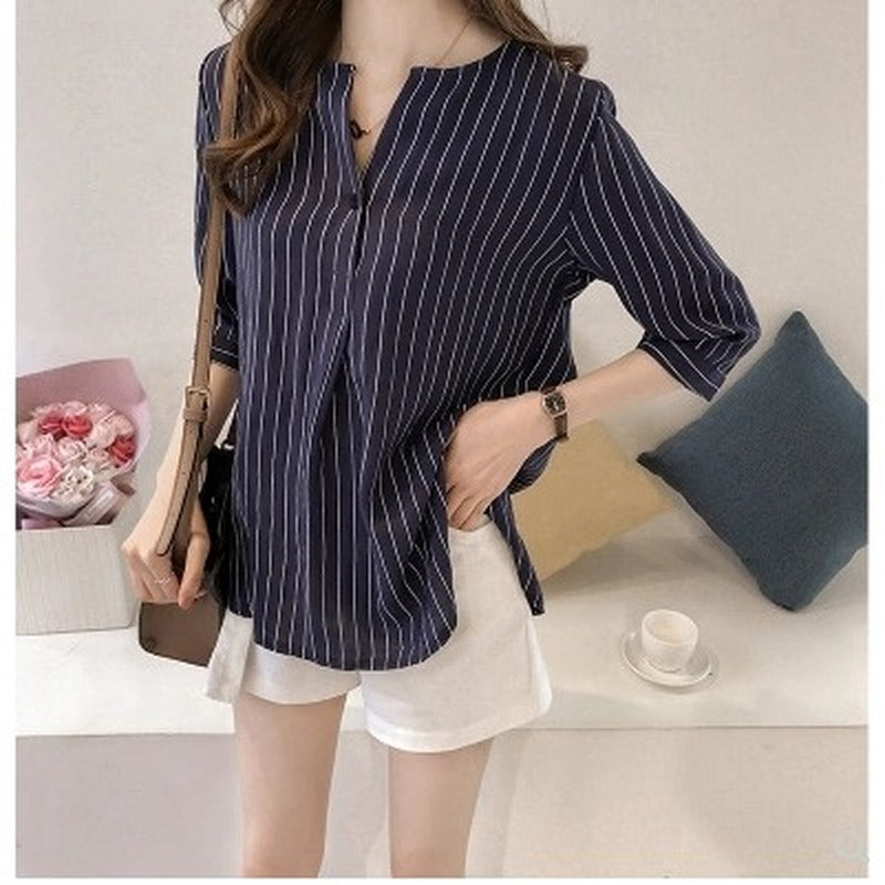 IELGY Leaked clavicle striped cropped sleeve top Han Fan student ins super fire shirt autumn