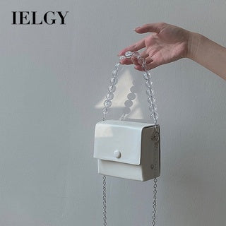 IELGY Small group retro pearl bag girl summer chain small square bag oblique bag girl cute handbag