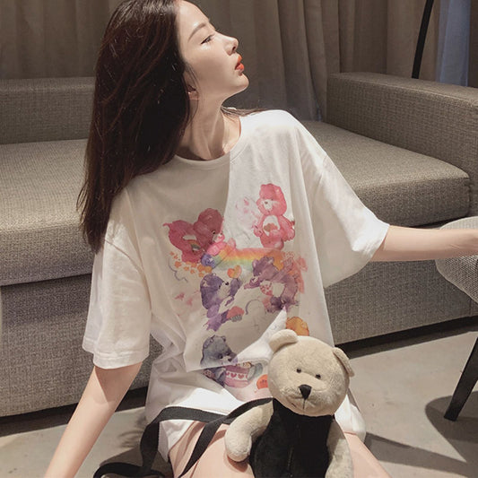 IELGY Women's clothes Blue Top Print Loose Short sleeve Bear T-shirt Casual Medium length