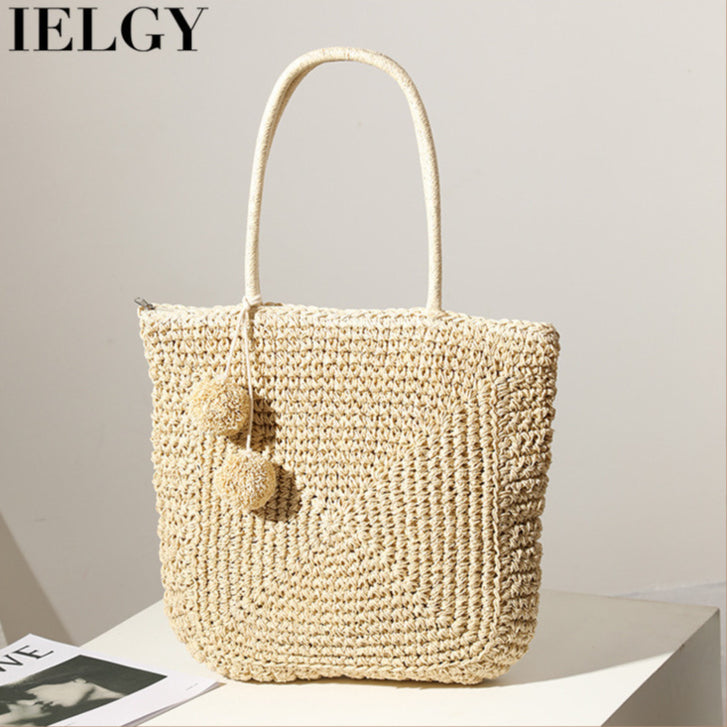 Ielgy Cute Fur Ball Straw Bag All-Match Large-Capacity Hand-Woven One-Shoulder Portable Be