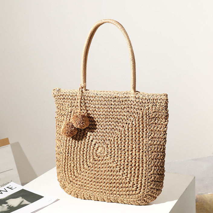 Ielgy Cute Fur Ball Straw Bag All-Match Large-Capacity Hand-Woven One-Shoulder Portable Be